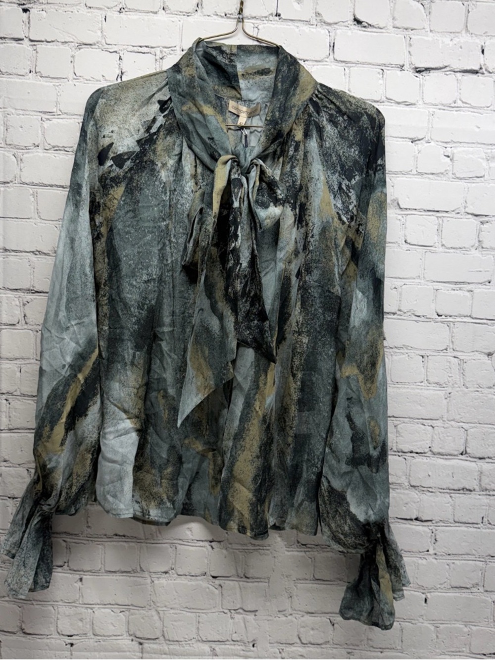 Camicettasnob Abstract Tie-Neck Blouse in Sage Multi-Color Sz 42 NWT